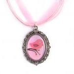 Love Bird Cameo Necklace, Silver Plated, Pink Bird..
