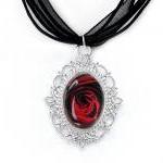 Red Rose Cameo Necklace, Silver Plated, Rose..