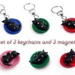 Set Of Three Polymer Clay Cat Key Chains And..