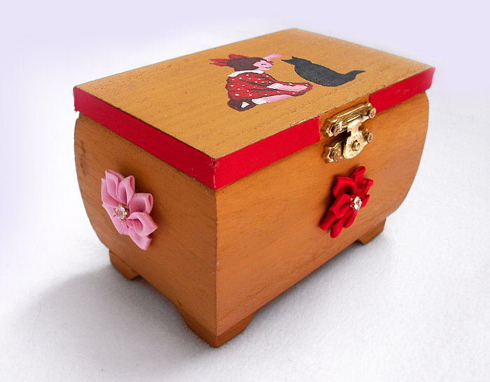 Trinket Box, Handpainted, Handmade, Wooden, Ooak, Vintage, Girl, Black Cat
