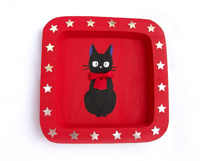 Black Cat Decorative Plate, Handmade, Handpainted, Wooden, Ooak