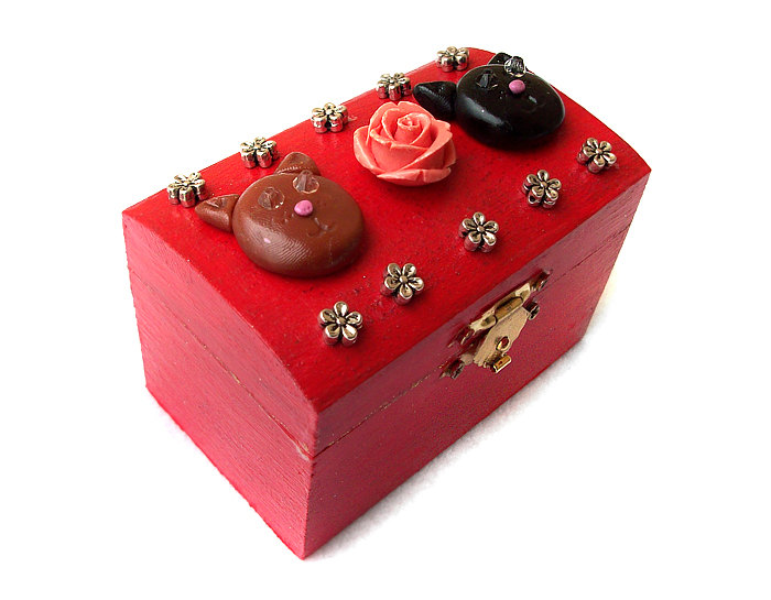 Love Cats Box, Polymer Clay, Wooden, Handpainted, Handmade, Ooak, Red, Rose
