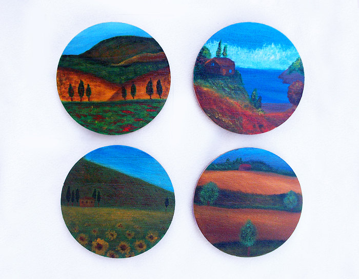 Painted Wood Coasters Set, Handpainted, Painting, Art, Handmade