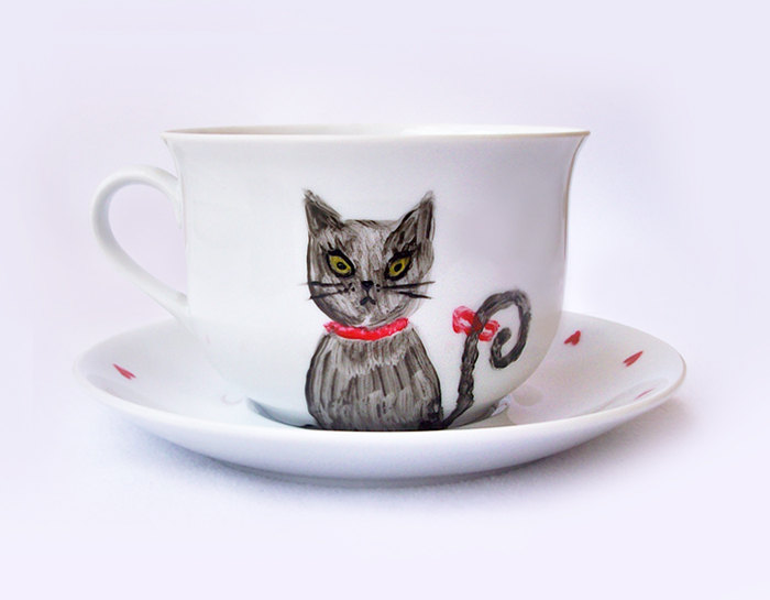 Hand Painted Cat Mug, I Love You Mug, Cat Mug With Saucer, Love Gift, Ooak