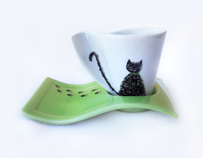 Porcelain Espresso Cup, Cat Lovers Cup, Hand Painted, Green, Coffee Cup