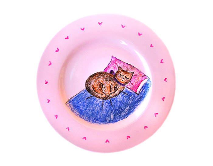 Hand Painted Sleeping Cat Plate, Breakfast Ceramic Plate, Sleeping Cat, Cat Pottery, Pink, Ooak