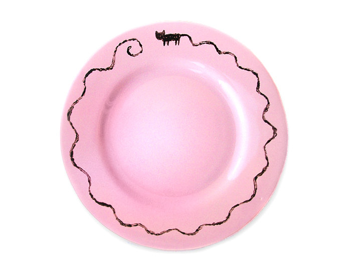 Hand Painted Cat Plate, Breakfast Ceramic Plate, Cat With Long Tail, Cat Pottery, Pink, Ooak