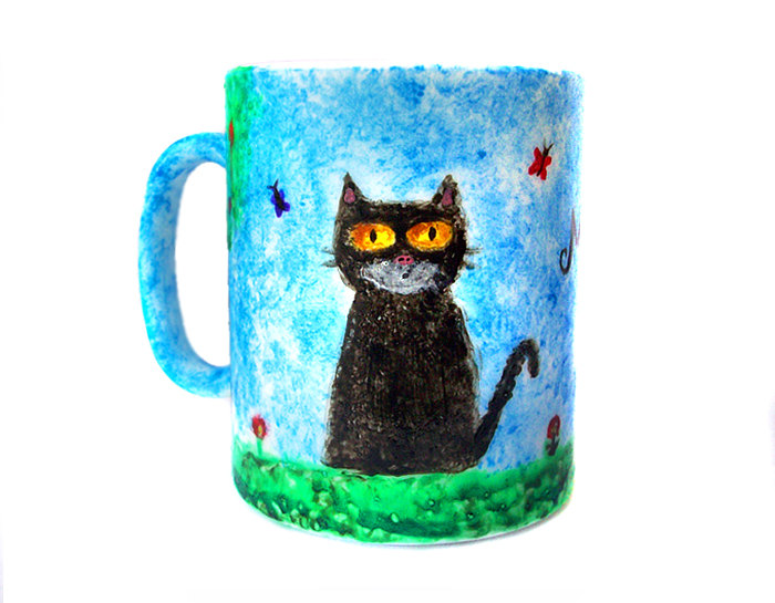 Hand Painted Cat Mug, Hand Painted Ceramic, Cat Cup, Milk, Tea, Coffee, Ooak