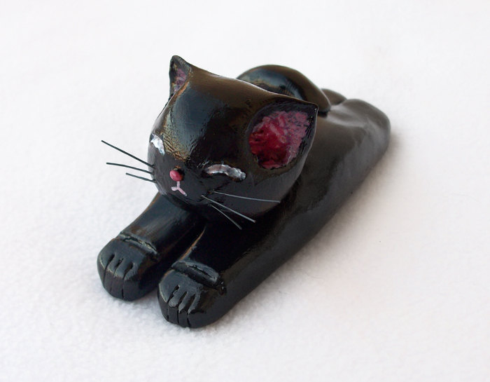 Black Cat Figurine, Handmade Polymer Clay Ooak Cat Sculpture, Cute Cat Ornament