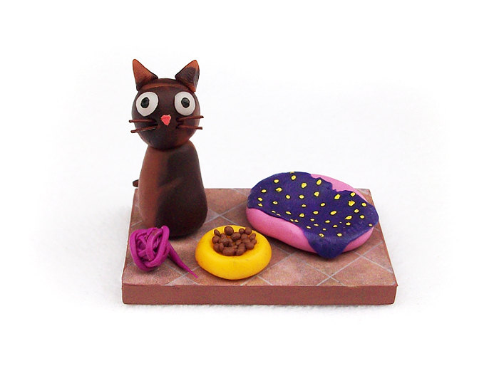 Calico Cat Figurine, Handmade Polymer Clay Miniature Ooak Cat Sculpture