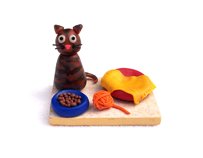 Tabby Cat Figurine, Handmade Polymer Clay Miniature Ooak Cat Sculpture
