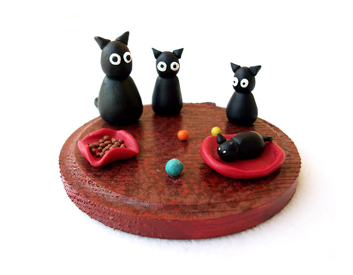 Cats Family Miniature, Handmade Polymer Clay Figurine Ooak Cat Sculpture