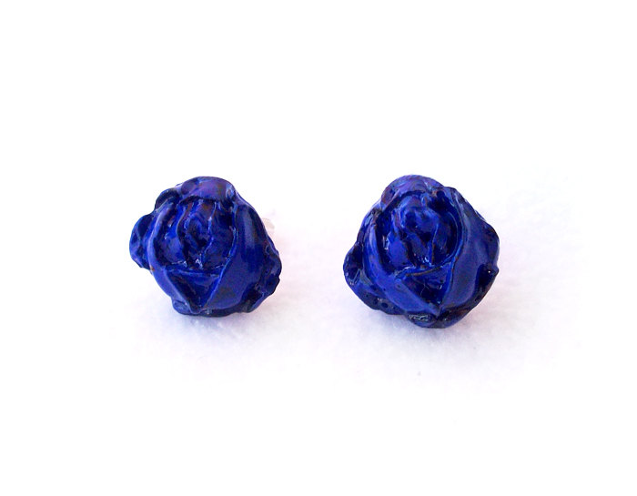 - Blue Rose Stud Earrings, Polymer Clay, Handmade, Nickel , With Gift Box