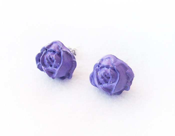 - Lilac Rose Stud Earrings, Polymer Clay, Lavender, Handmade, Nickel , With Gift Box