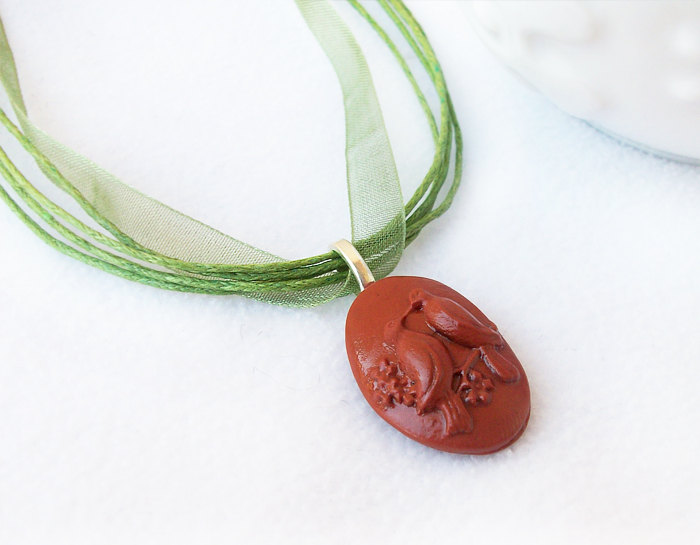 Love Bird Necklace, Polymer Clay, Terracotta, Brown, Green, Love, Nature