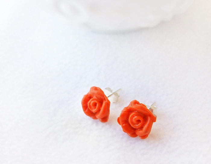 - Orange Rose Stud Earrings, Polymer Clay, Handmade, Nickel , With Gift Box