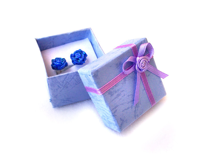 - Blue Glitter Rose Stud Earrings, Polymer Clay, Handmade, Nickel , With Gift Box