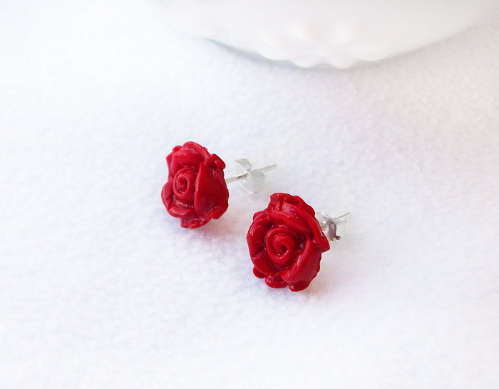 - Red Rose Stud Earrings, Polymer Clay, Handmade, Nickel , With Gift Box
