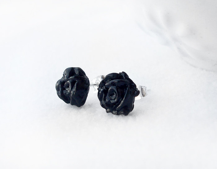 - Black Rose Stud Earrings, Polymer Clay, Handmade, Nickel , With Gift Box
