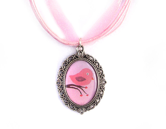 Love Bird Cameo Necklace, Silver Plated, Pink Bird Pendant, Pink Organza, Love Gift