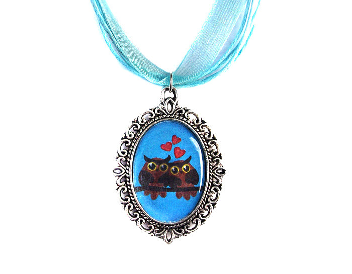 Love Owls Necklace, Cameo, Silver Plated, Owl Couple Pendant, Turquoise Organza, Love Gift