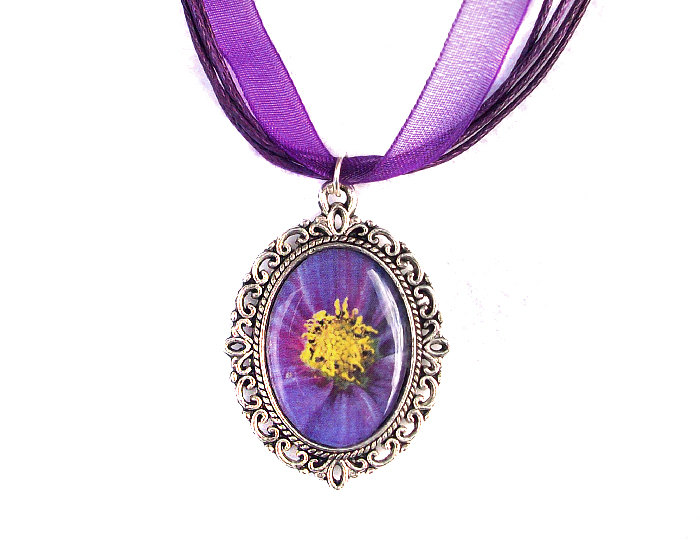 Purple Flower Cameo Necklace, Photo Pendant, Resin, Silver Plated, Purple Organza