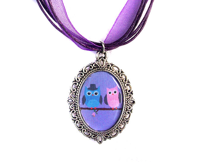 Love Owls Necklace, Cameo, Silver Plated, Owl Couple Pendant, Purple Organza, Love Gift