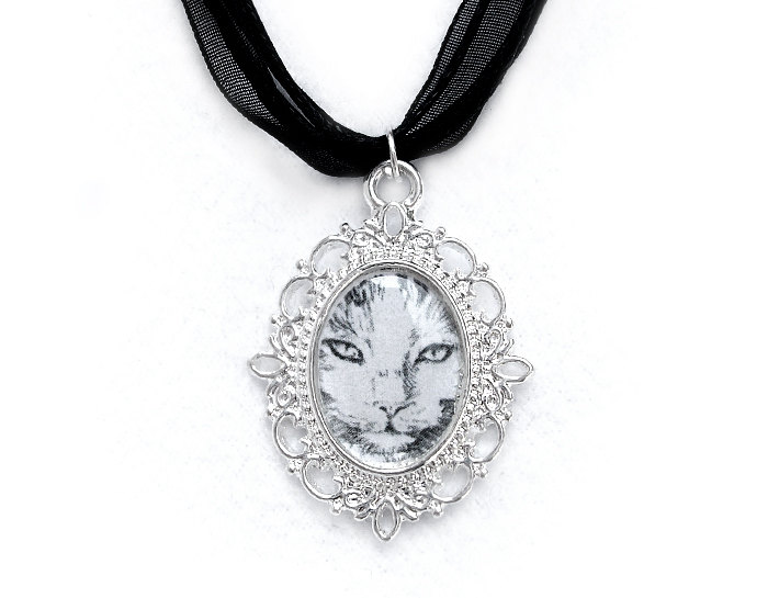Cat Cameo Necklace, Silver Plated, Cat Pendant, Black Organza, Love Gift