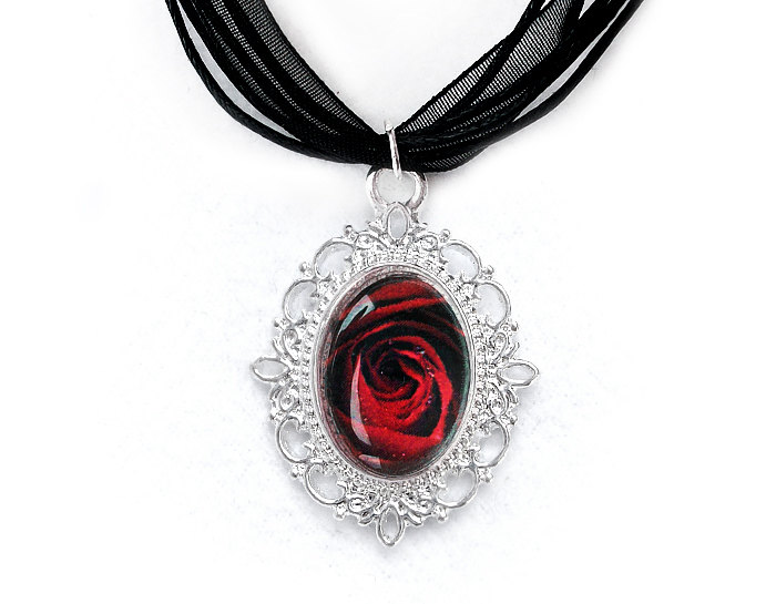 Red Rose Cameo Necklace, Silver Plated, Rose Pendant, Black Organza, Love Gift