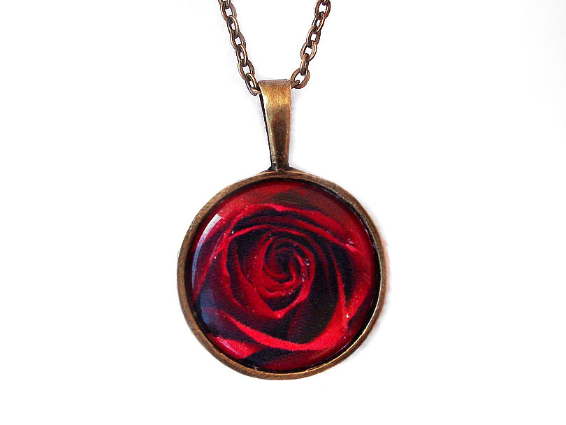 Red Rose Necklace, Cameo, Photo Pendant, Resin, Bronze Tone