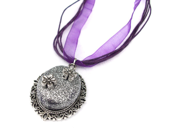 Glitter Cameo Necklace, Sparkly Pendant, Silver Plated, Purple Organza