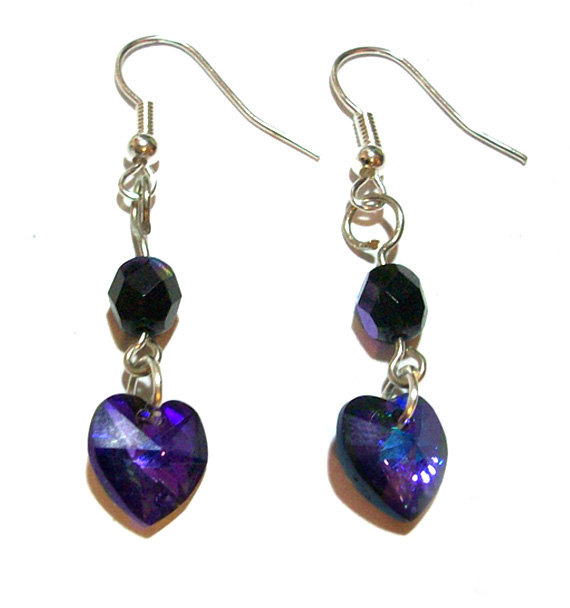Swarovski Earrings, Purple, Heart, Handmade, Ooak