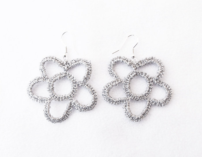 Crochet Flower Earrings Silver Shiny Sparkly Elegant Bridal Chic Cocktail Party