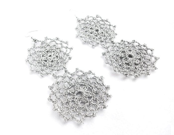 Crochet Dangle Earrings Silver Shiny Sparkly Elegant Bridal Chic Cocktail Party