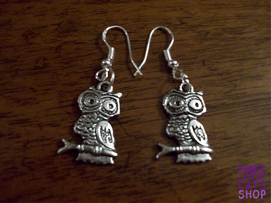 Owl Earrings - 925 Silver Findings - Tibetan Silver Charm