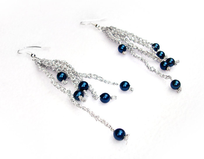 Crochet Dangle Earrings Chains Silver And Blue Beads