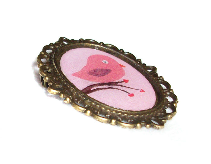 Love Bird Pin Brooch, Photo Pendant, Resin, Bronze Tone, Wedding, Love Gift