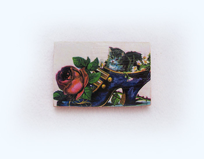 Cat Pin Brooch, Handmade, Wooden, Decoupage, Vintage Cat In Shoes
